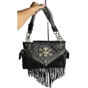 Skull & Crossbones Design‎ Black Rhinestone Handbag Conceal Carry Bag fringe NEW